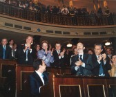 José Luis Rodríguez Zapatero, Presidente del Gobierno, es felicitado por los diputados socialistas. A su izquierda, Alfredo Pérez Rubalcaba, Diego López Garrido y Teresa Cunillera, entre otros