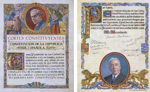 Constitución española MCMXXXI. Pº Rº Adolfo de Sanjuán Montes. Manuscrito. 34 cm. primera y última páginas