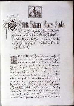 Registro civil de la Familia Real: certificado de matrimonio de Alfonso XII con Maria Cristina de Habsburgo. Archivo del Congreso de los Diputados