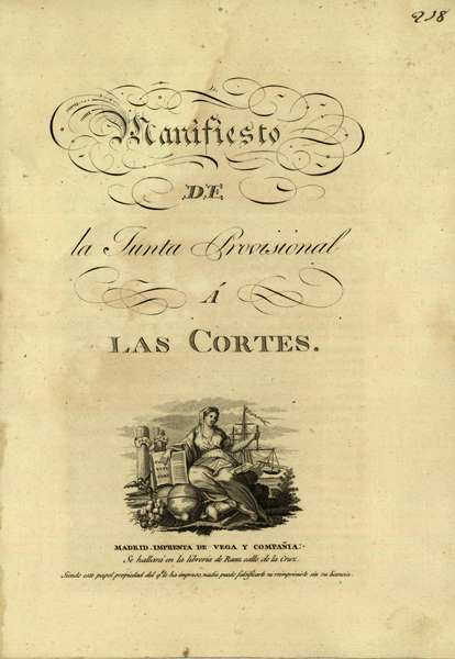 Ejemplar impreso del Manifiesto de la Junta Provisional a las Cortes