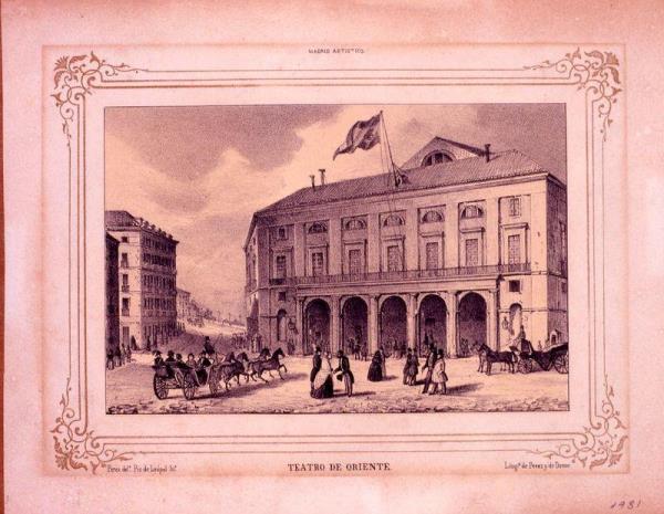 Fachada este del Teatro de Oriente. Madrid Artístico. Obra pintoresca y Monumental. 1850