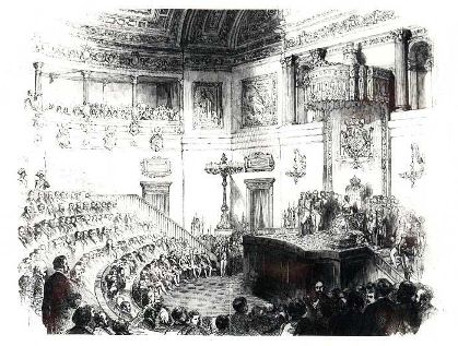 Interior del Salón de Sesiones, la Reina Isabel II presidiendo el acto. The Illustrated London News, 16 de noviembre de 1850