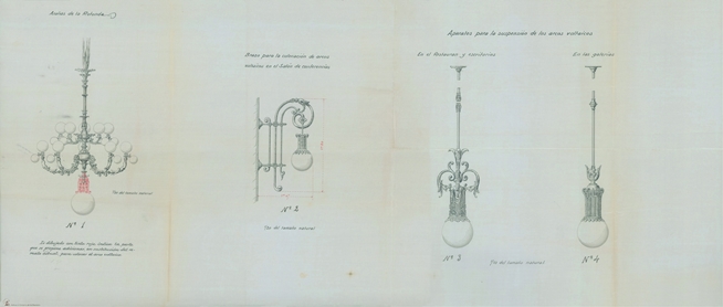 Dibujo detallado de los aparatos para la colocación de los arcos voltaicos de la reforma de la instalación del alumbrado eléctrico del Congreso de 1903 (ACD Gobierno Interior legajo 68, expediente 13)