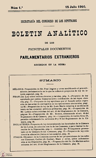 página 1 del primer boletín de la colección que, en esta primera etapa (1910-1927), se publicó bajo el título Boletín Analítico de los principales Documentos Parlamentarios Extranjeros 