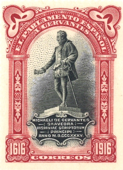 Sello conmemorativo con la estatua de Cervantes de la Plaza de las Cortes. 1916