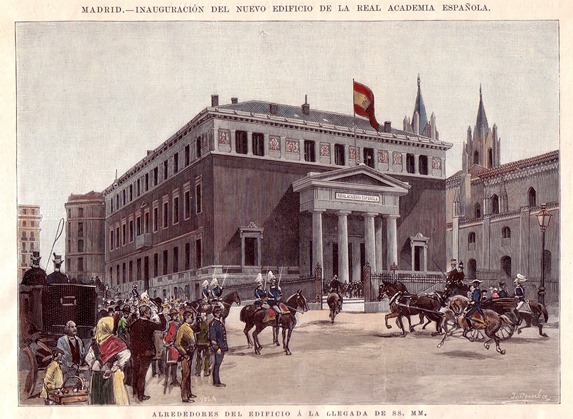 Inauguración de la nueva sede de la RAE el 1 de abril de 1894. La Ilustración Española y Americana, grabado de Juan Comba