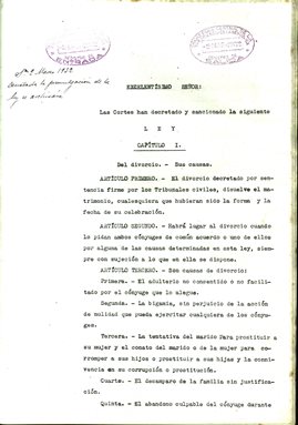 Ley original sobre el Divorcio. Archivo del Congreso de los Diputados