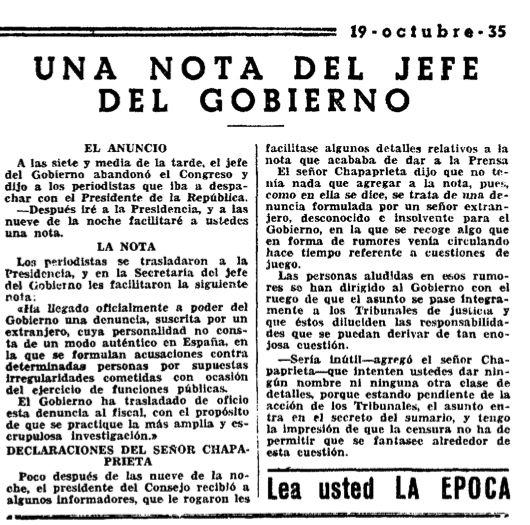 Nota publicada en La época. Biblioteca Nacional de España