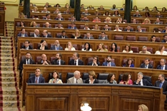 Detalle de la bancada izquierda con los diputados electos del Partido Socialista, Vox y el Gobierno en funciones