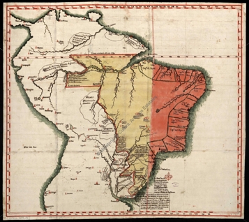 Mapa de América del Sur con la línea divisoria de las colonias pertenecientes a España y Portugal. Archivo General de Simancas.