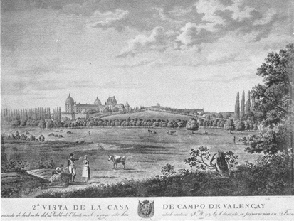  Vista de la Casa de campo de Valençay sacada de la derecha del pueblo de Chante… en cuyo sitio han estado cautivos S.M. y A.A. durante su permanencia en Francia. Grabada de orden del Rey N.S. por su grabador de Cámara Felipe Carano,  1816.