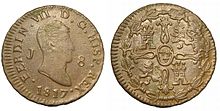 Moneda de 8 maravedís de Fernando VII. Ceca de Jubia.