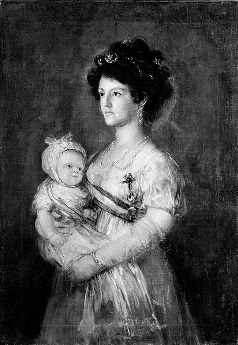  María Luisa Josefina de Borbón, Viuda Reina de Etruria, con su hijo Luis II. Detalle de La familia de Carlos IV. Goya.
