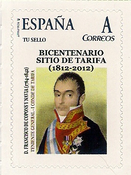 Imagen de un sello conmemorativo del Bicentenario del Sitio de Tarifa con la imagen de D. Francisco de Copons y Navia (1764-1842), Teniente General, Primer Conde de Tarifa