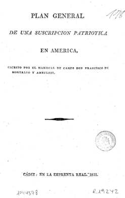 Portada de Plan general de una suscripcion patriotica en America / escrito por Francisco de Montalvo y Ambulodi