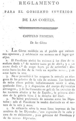 Reglamento para el gobierno interior de las Cortes. -- Cádiz : Imprenta Real, 1810
18 p. ; 20 cm