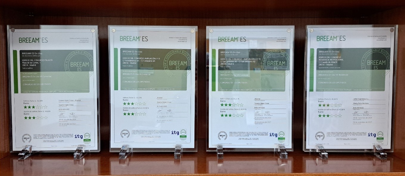 Fotografía de las certificaciones BREEAM de los edificios del Congreso de los Diputados