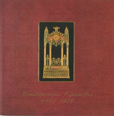 Portada do libro «Constituciones Españolas. 1812-1978», editado polo Congreso dos Deputados en 1998. Ilustración da cuberta: Contracuberta decorada «á catedral» da Constitución da Monarquía española, ano de 1837