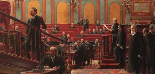 Lectura de un proyecto de Ley en el Salón de Sesiones (detalle). 1908, por Asterio Mañanós. Fotografía extraída del libro “El Patrimonio Histórico Artístico del Congreso de los Diputados”, pág. 87