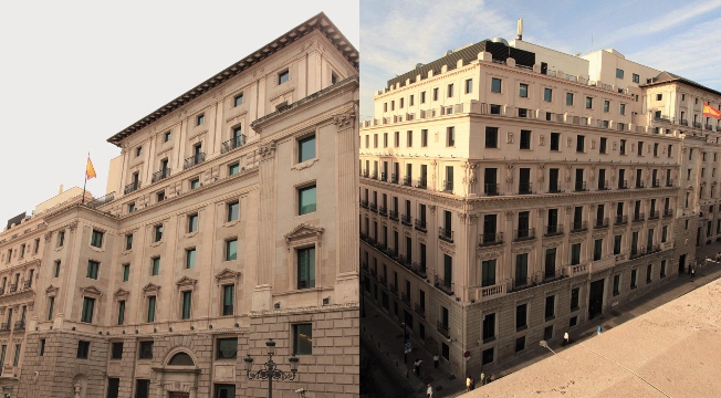 Antiguos edificios del Banco Exterior de España (izquierda) y del Banco de Crédito Industrial (derecha), que conforman, respectivamente, la tercera y cuarta ampliación. Fotografía s extraídas del libro El Patrimonio Histórico Artístico del Congreso de los Diputados, editado en 2011 por el Congreso de los Diputados. Pág. 169.