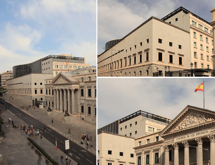 Palacio del Congreso de los Diputados y primeras ampliaciones y detalle del pórtico de Palacio y primera ampliación.  Fuente: Congreso de los Diputados