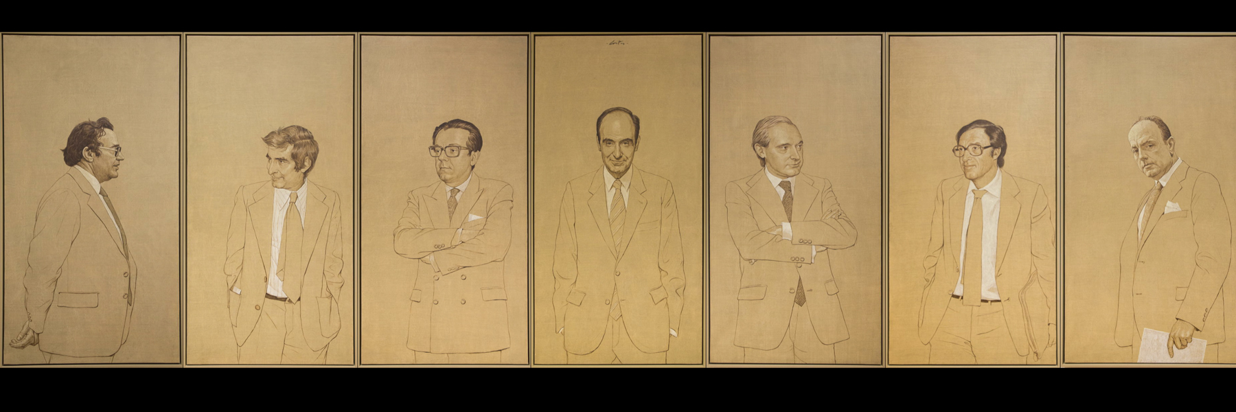 La Sala Constitucional está presidida por estos retratos de los siete padres de la Constitución de 1978. Es obra de Hernán Cortés Moreno