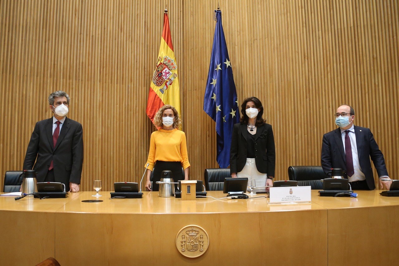 La presidenta del Congreso, Meritxell Batet, la presidenta del Senado, Pilar Llop, el presidente del CGPJ, Carlos Lesmes, y el ministro de Política Territorial, Miquel Iceta, participan en la Jornada sobre