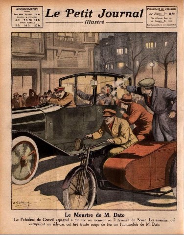 Portada de Le Petit Journal con ilustración a página completa de la recreación del momento del asesinato del presidente Dato