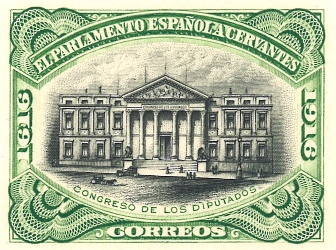 Sello conmemorativo con la fachada del Palacio del Congreso de los Diputados. 1916