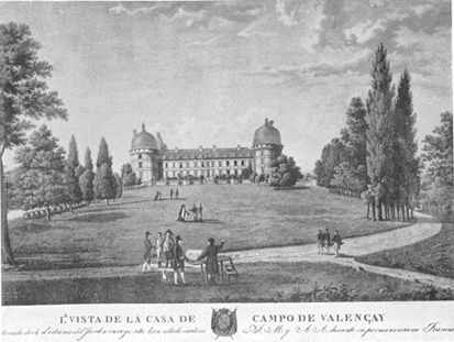 Vista de la Casa de campo de Valençay tomada desde el extremo del jardín en cuyo sitio han estado cautivos S.M. y A.A. durante su permanencia en Francia. Grabada de orden del Rey N.S. por su grabador de Cámara Felipe Carano,  1816.