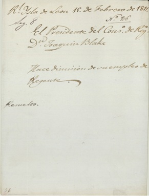 Solicitud de renuncia de Joaquín Blake como presidente del Consejo de Regencia. 15 de febrero de 1811. Archivo del Congreso de los Diputados