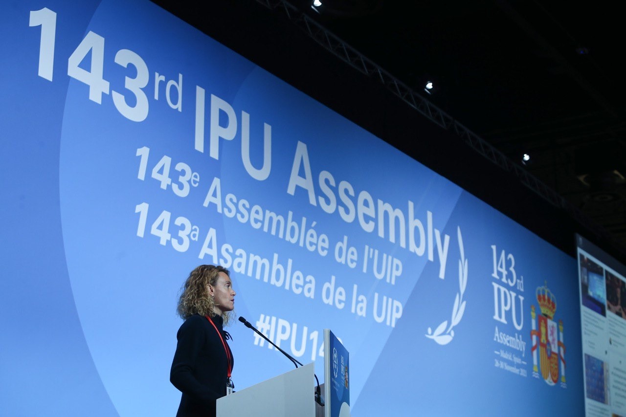 La presidenta del Congreso, Meritxell Batet, en la apertura del Debate General de la 143 Asamblea de la Unión Interparlamentaria.