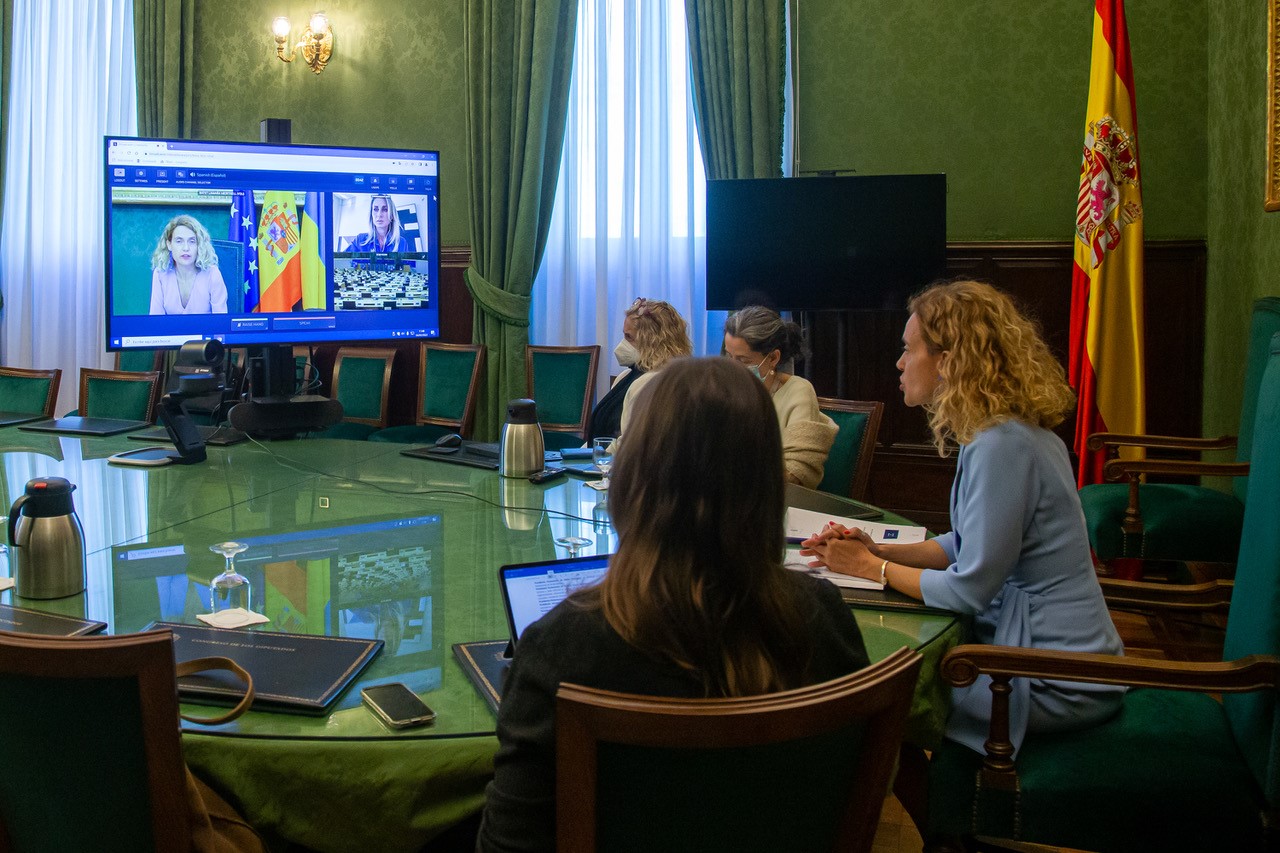 La presidenta del Congreso de los Diputados, Meritxell Batet, participa en la videoconferencia de presidentes de parlamentos de la UE con el presidente del Parlamento de Ucrania.